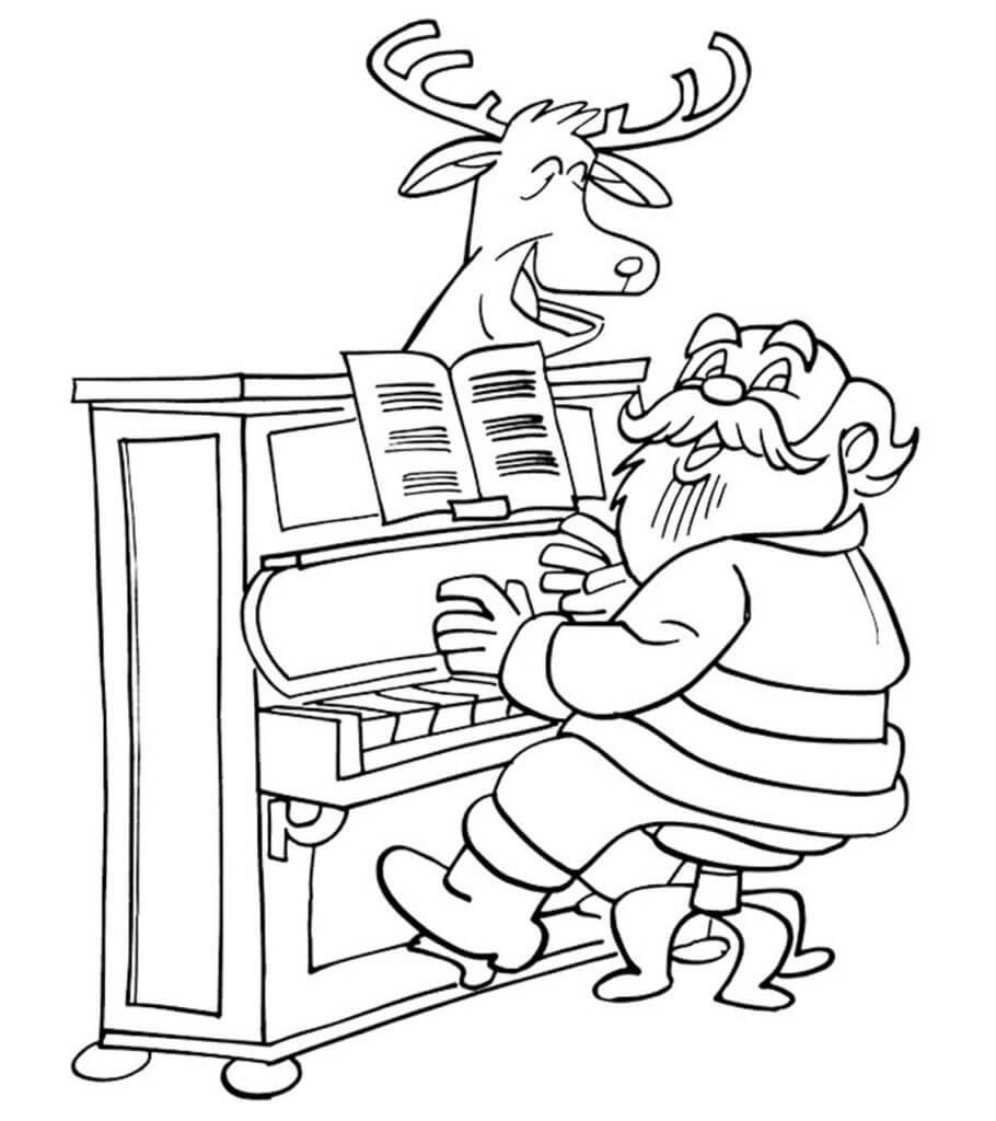 De kerstman speelt piano met rendieren