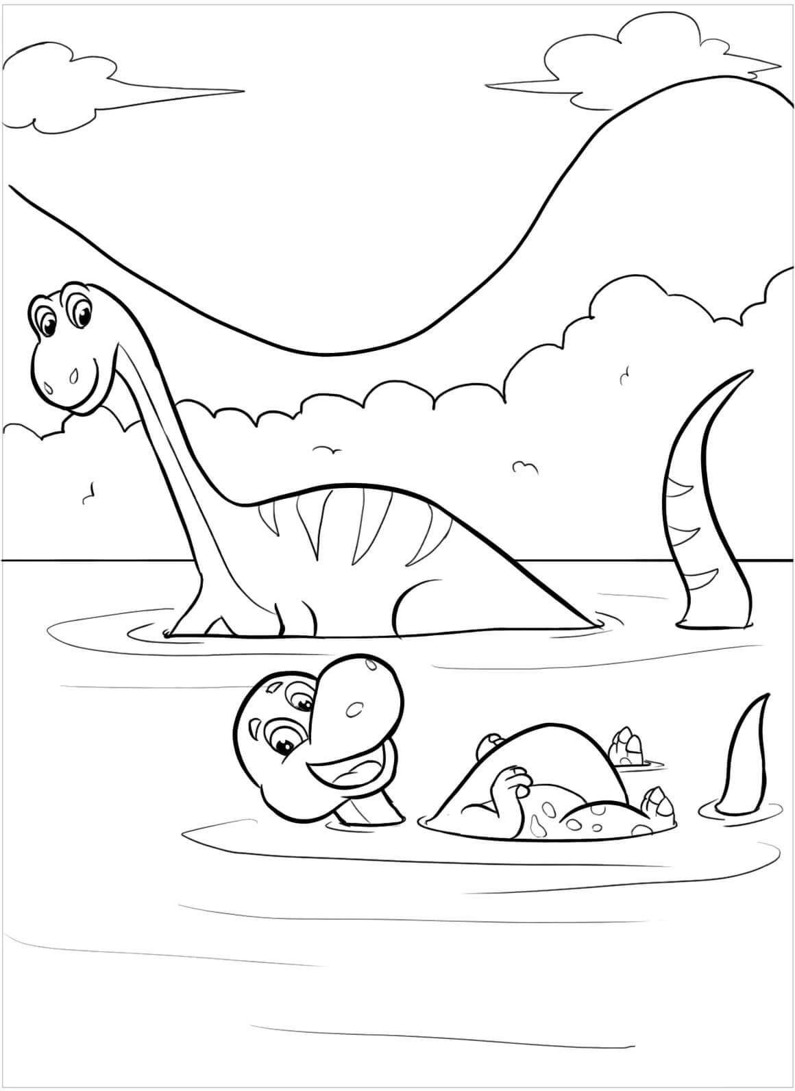 Dinosaurus en baby dinosaurus zwemmen