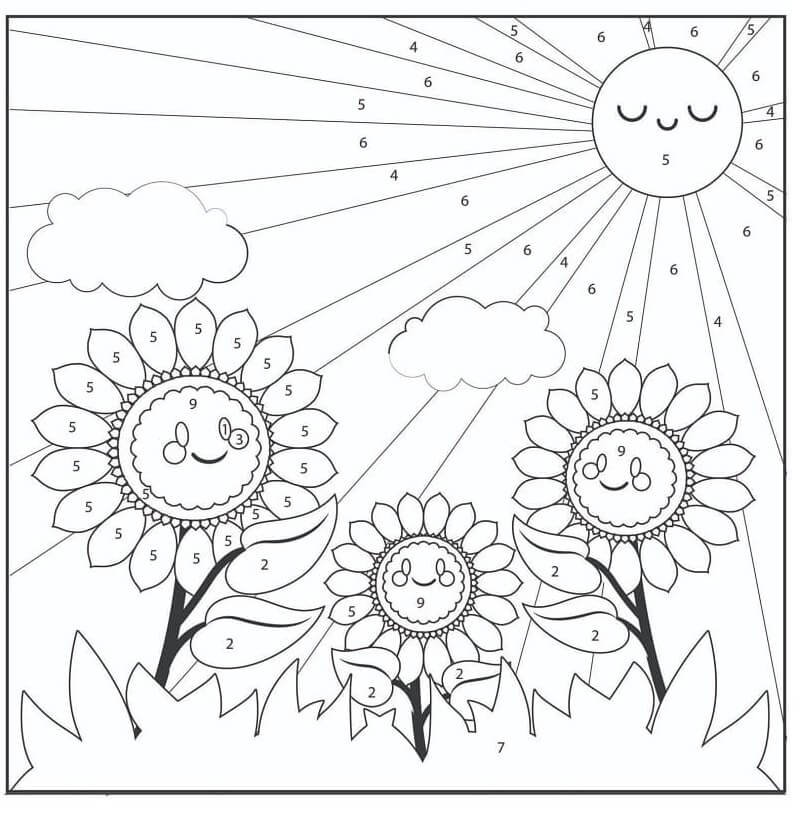Drie zonnebloemen met zonkleur op nummer