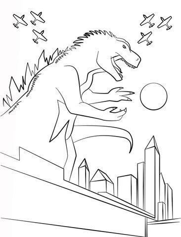 Godzilla in de stadsgevechtsvliegtuigen