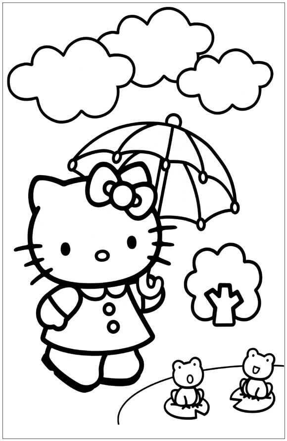 Hello Kitty met paraplu met twee kikkers