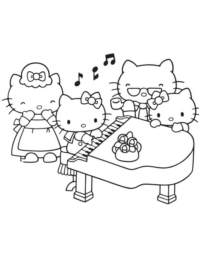 Hello Kitty speelt piano met familie