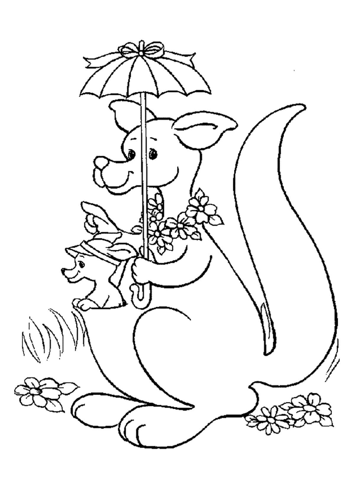 Kangoeroe die paraplu vasthoudt met babykangoeroe