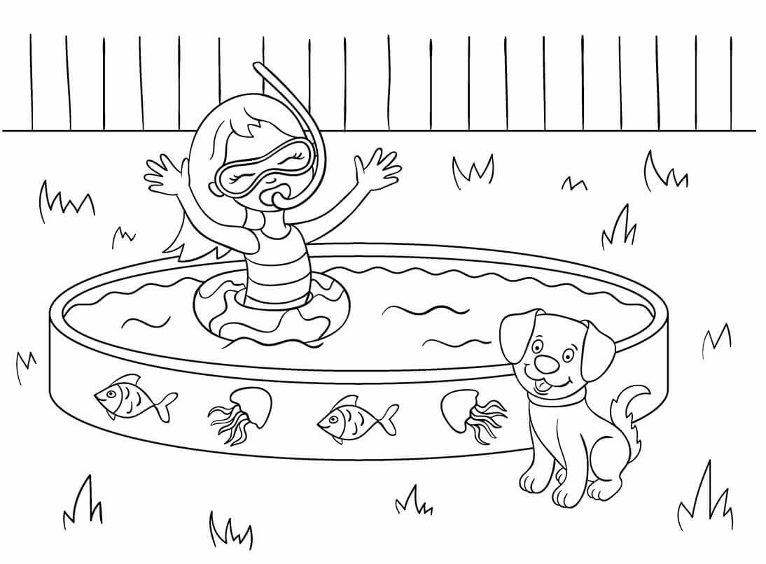 Klein meisje in zwembad met hond