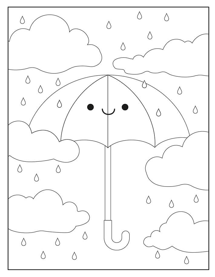 Lachende paraplu met wolken en regendruppels