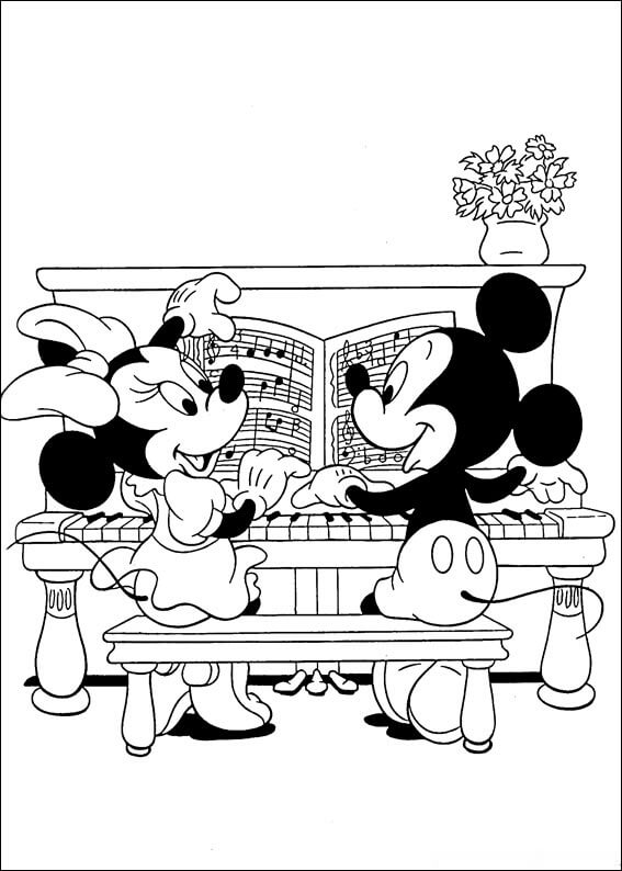 Mickey en Minnie Mouse spelen piano