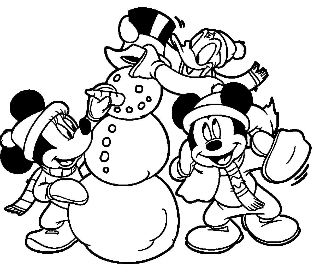 Mickey Mouse en sneeuwman in de winter