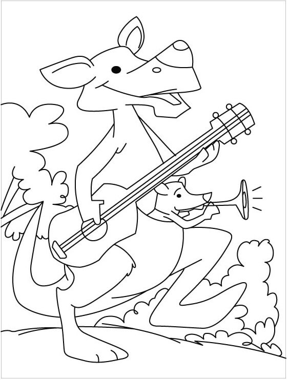 Moeder Kangoeroe speelt gitaar en baby Kangoeroe speelt fluit
