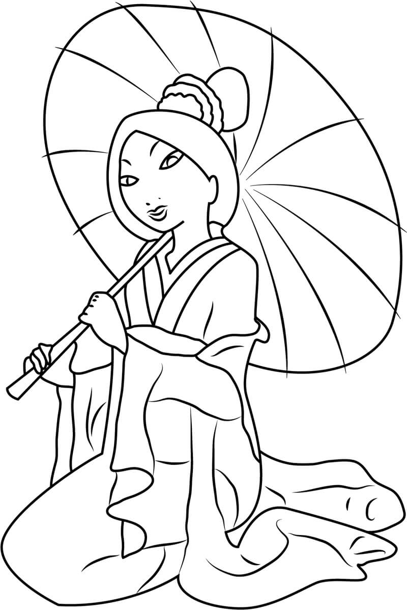 Mulan houdt paraplu vast