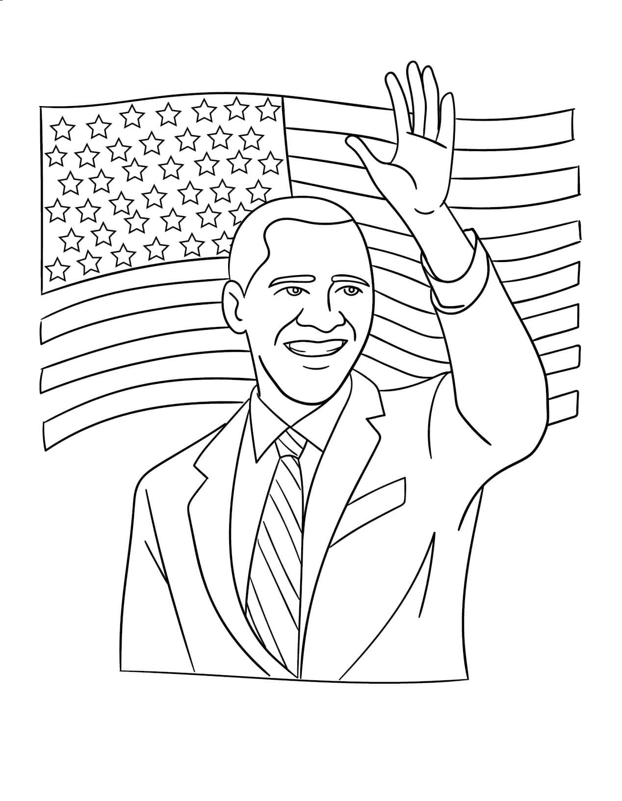 Obama zegt hallo met de vlag van Amerika