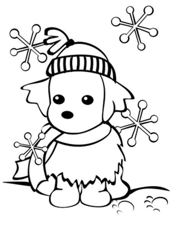 Puppy met sneeuwvlokken in de winter