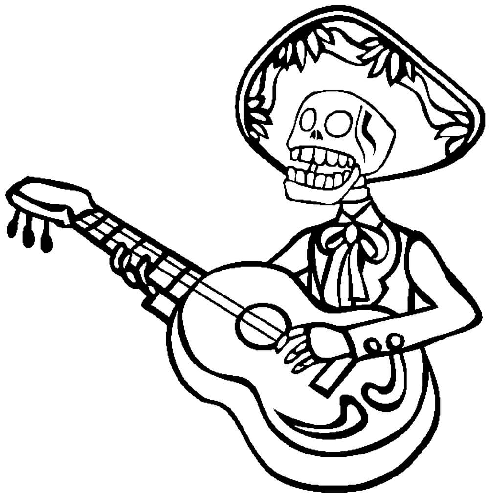 Skelet dat gitaar speelt
