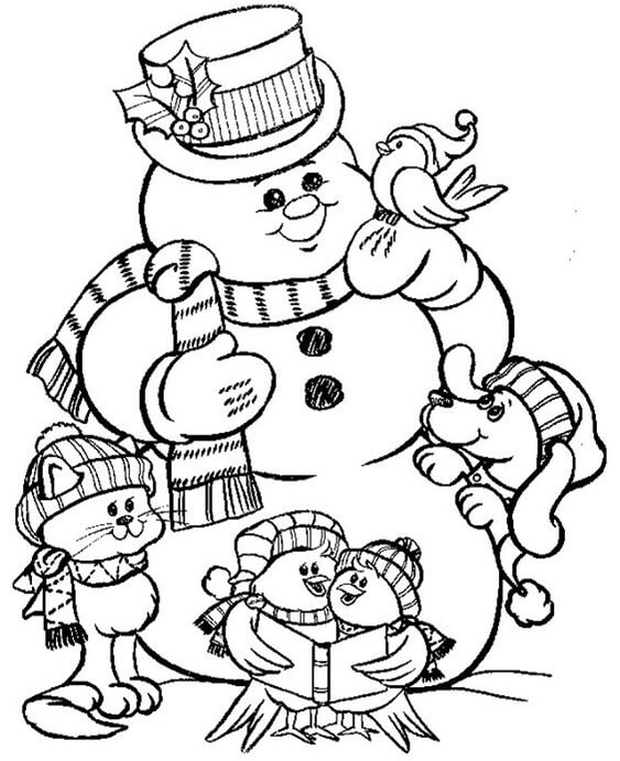 Sneeuwpop met dieren in de winter