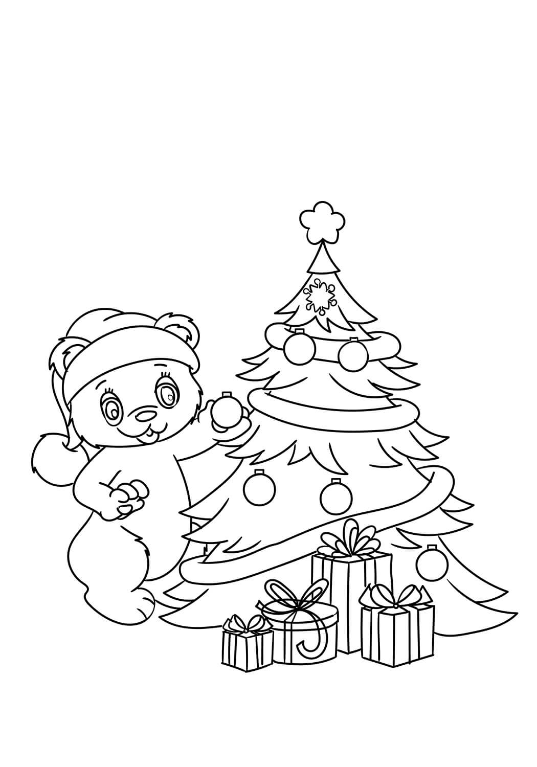 Teddy is de kerstboom aan het versieren