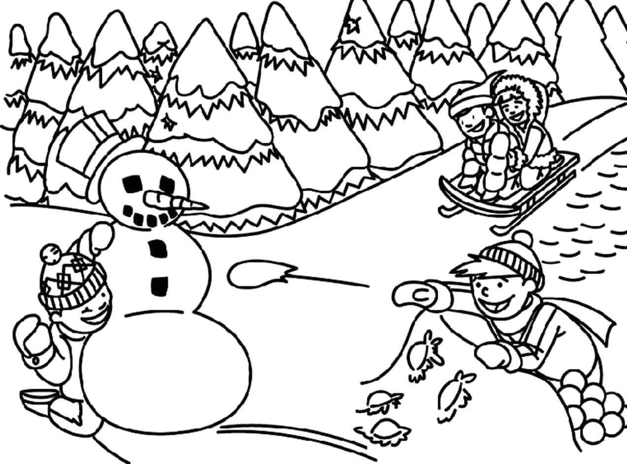 Vier Kinderen spelen met Sneeuwman in de Winter