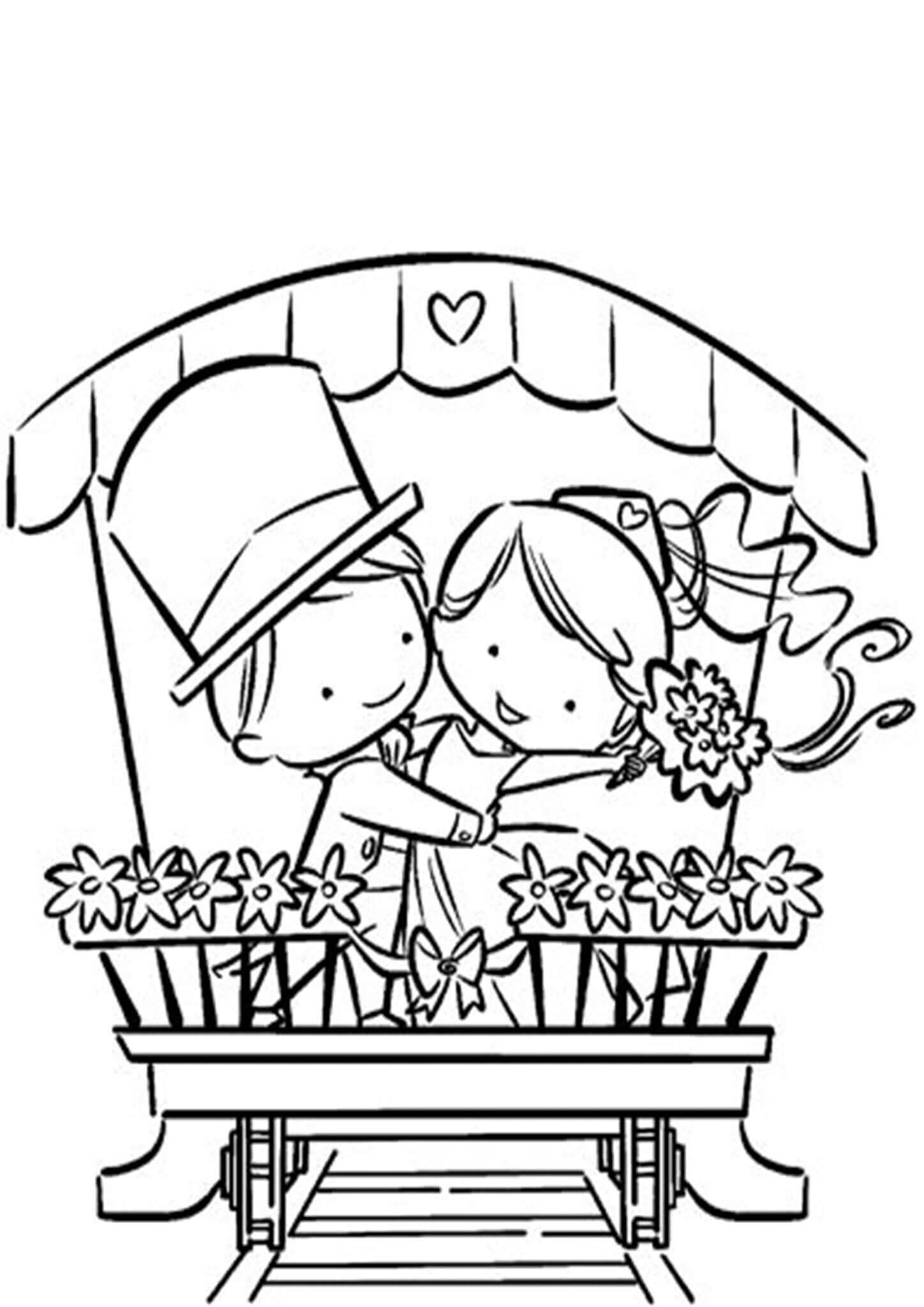 Bruid en bruidegom met bloemen tekenen