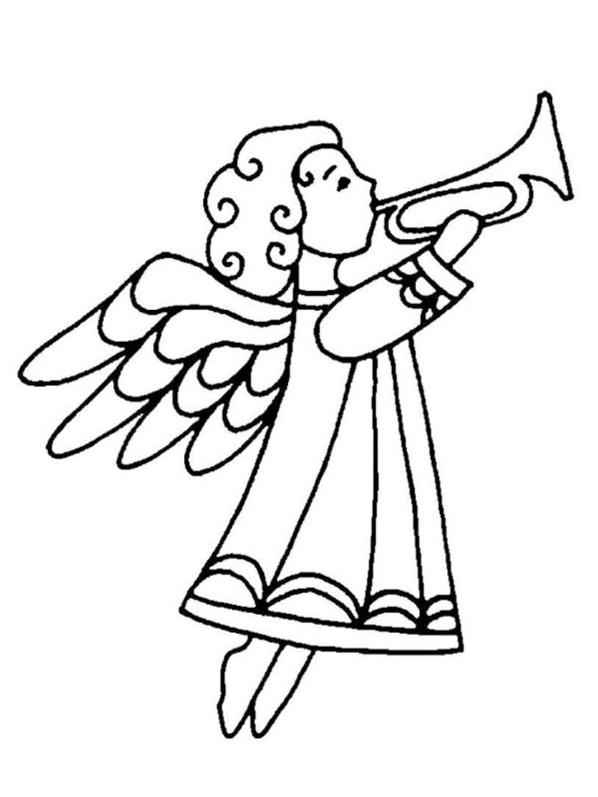 De engel van de tekening speelt de trompet