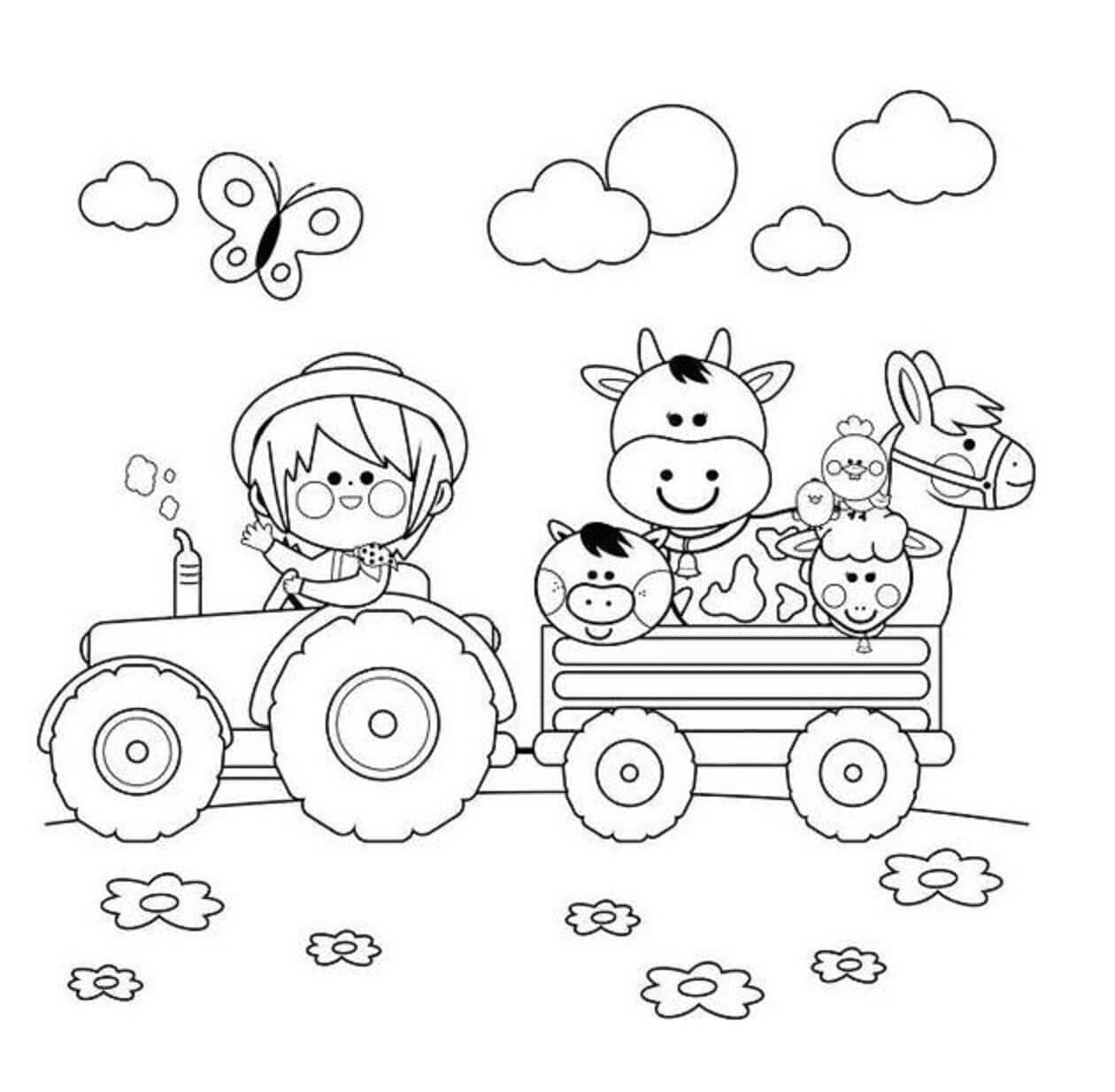 Kind dat de tractor bestuurt en de dieren vervoert