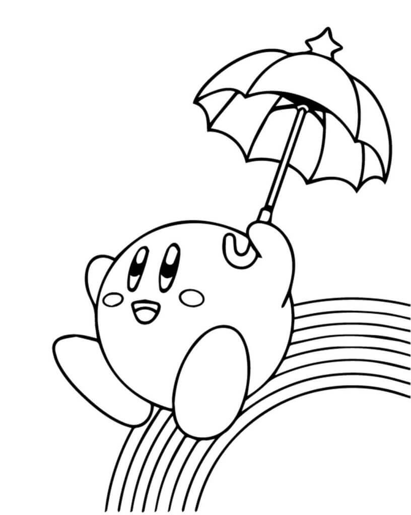 Kirby Holding Paraplu met Regenboog