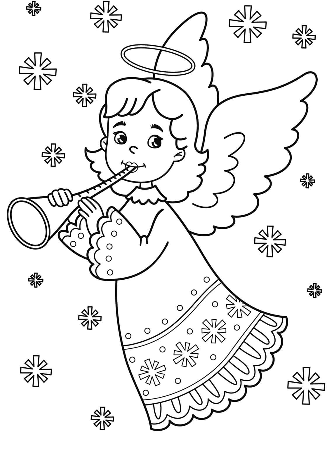 Kleine engel die trompet speelt met sneeuwvlokken