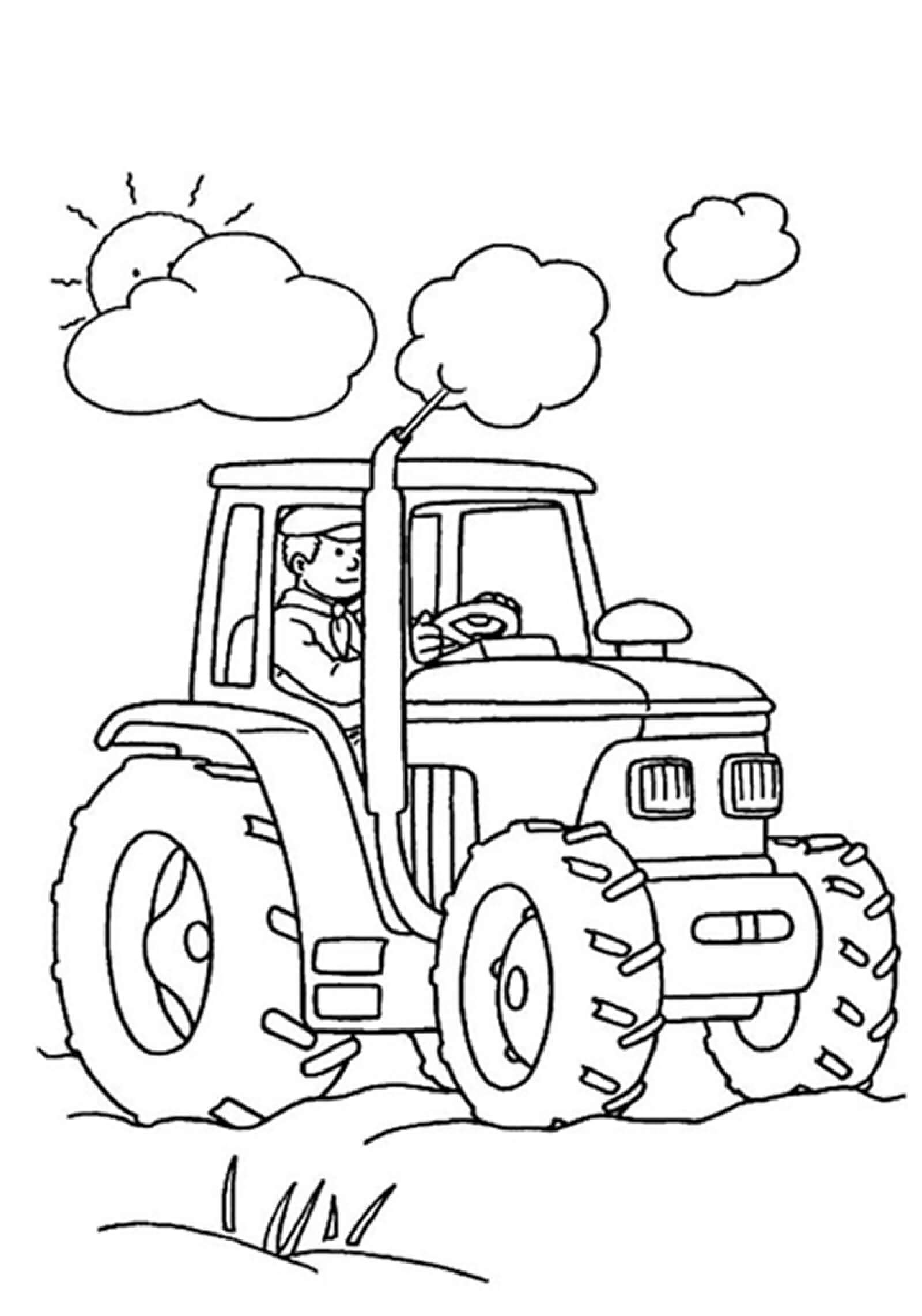 Man rijdende tractor met wolken