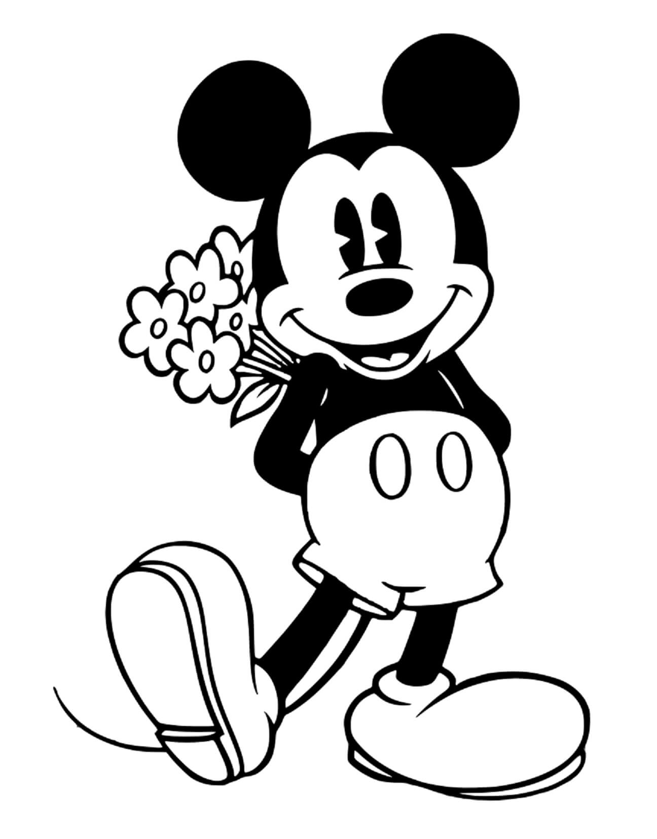 Mickey die gelukkig een boeketbloem vasthoudt