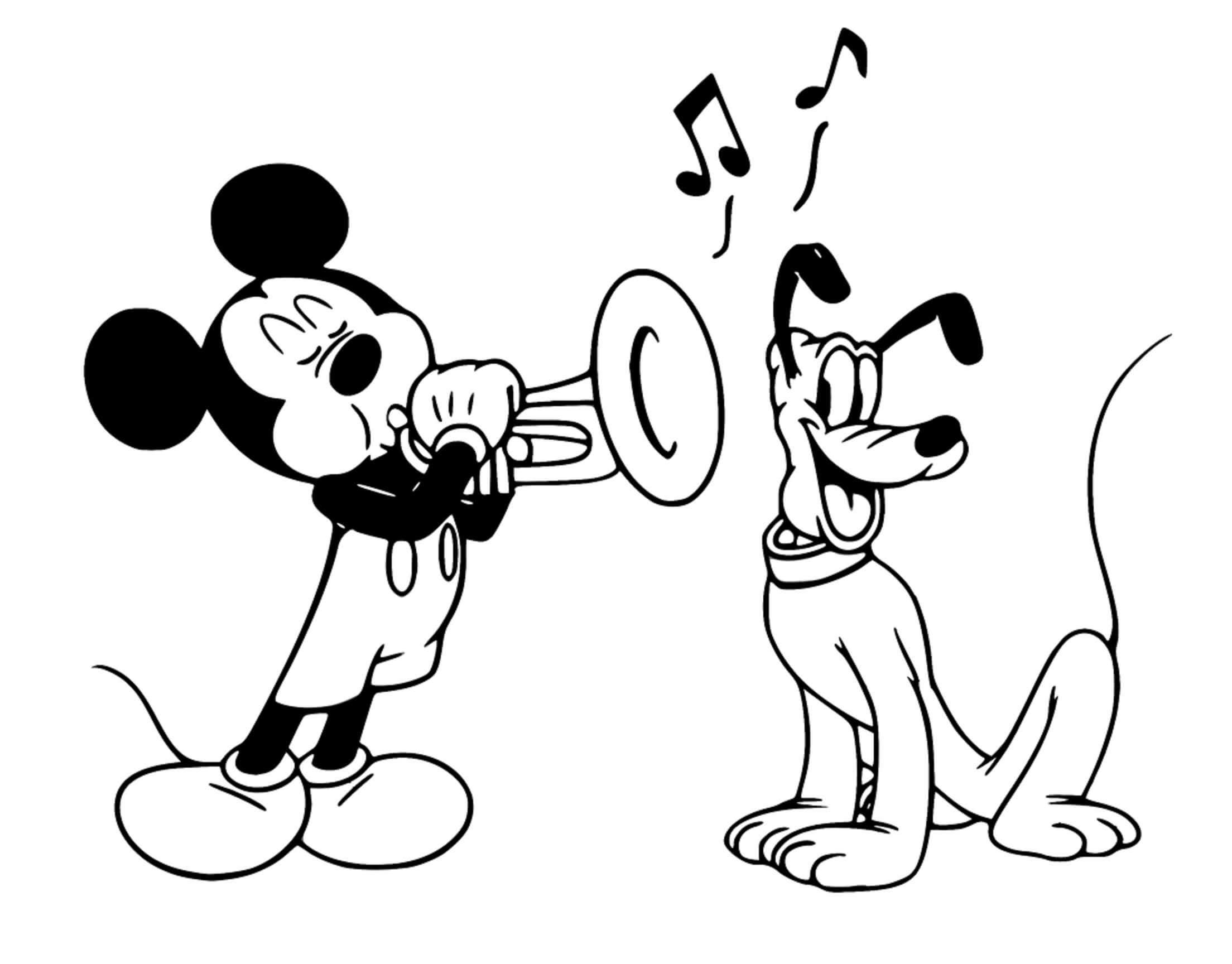 Mickey die op de trompet speelt met Pluto