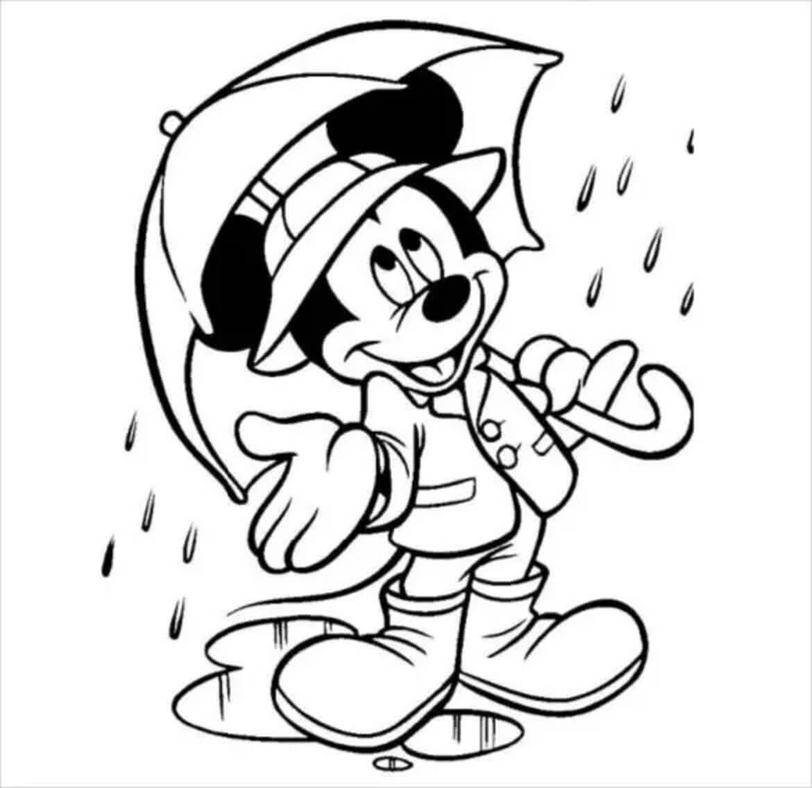 Mickey Mouse houdt een paraplu vast in de regen