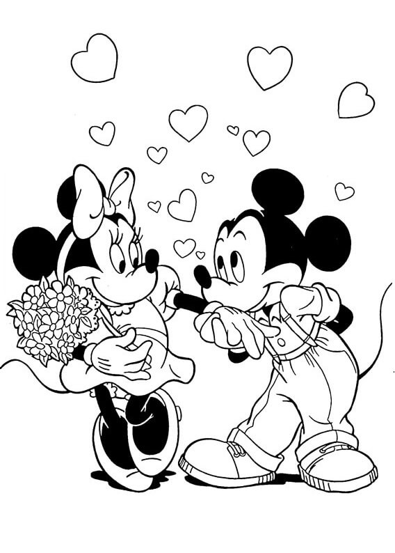 Minnie houdt een boeket bloemen vast en Mickey Mouse