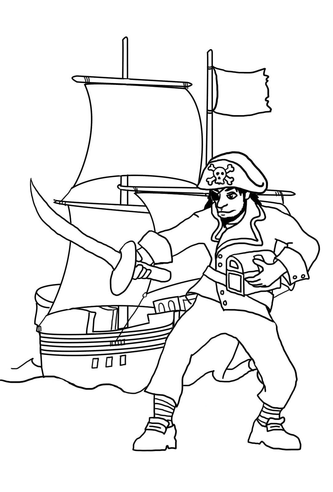 Piraat met zwaard en piratenschip