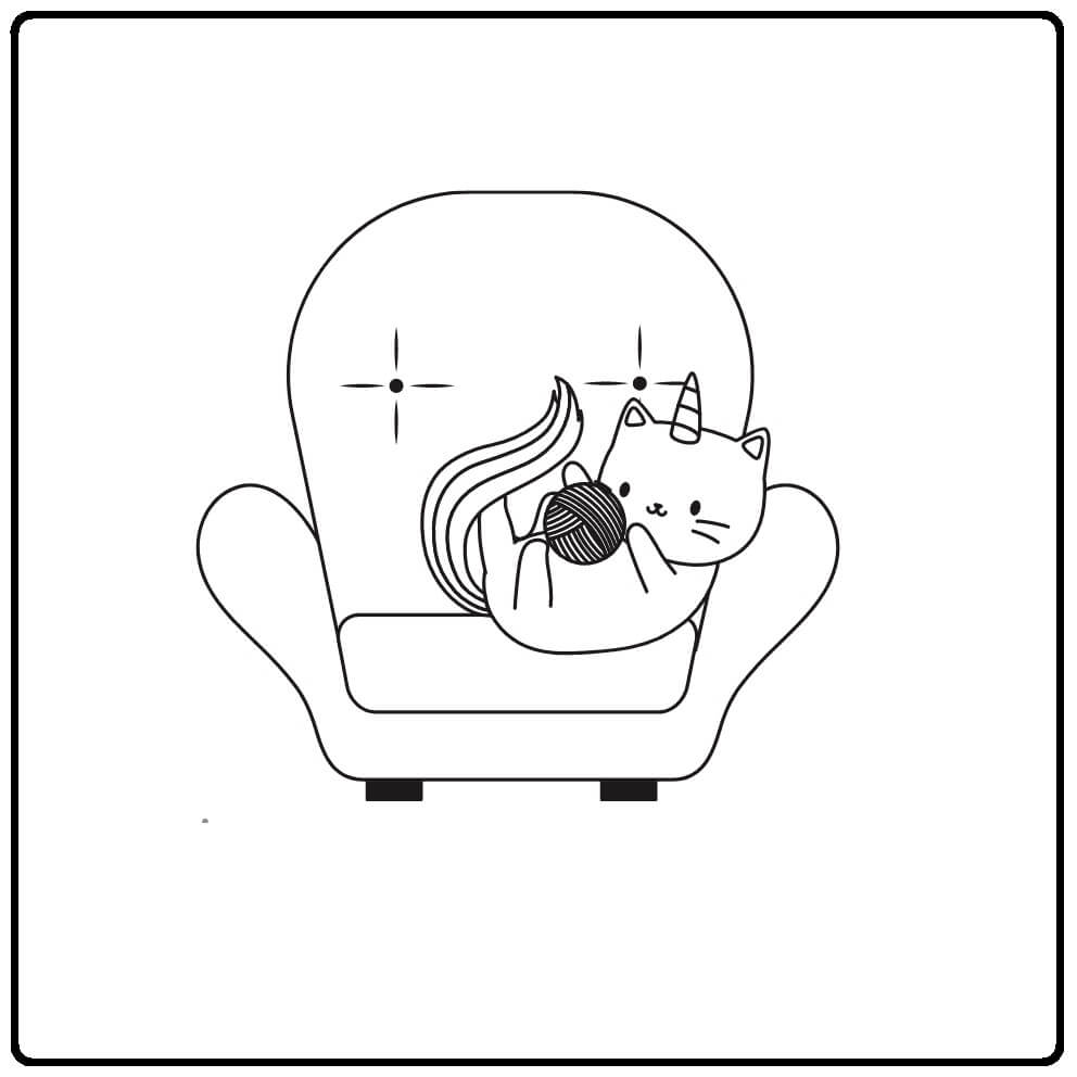 Unicorn Cat speelt met wol op de stoel
