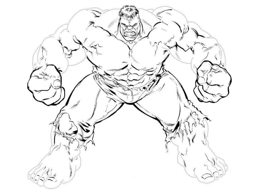 De enorme Hulk staat in een dreigende houding. Kleurboek met schets voor een beroerte