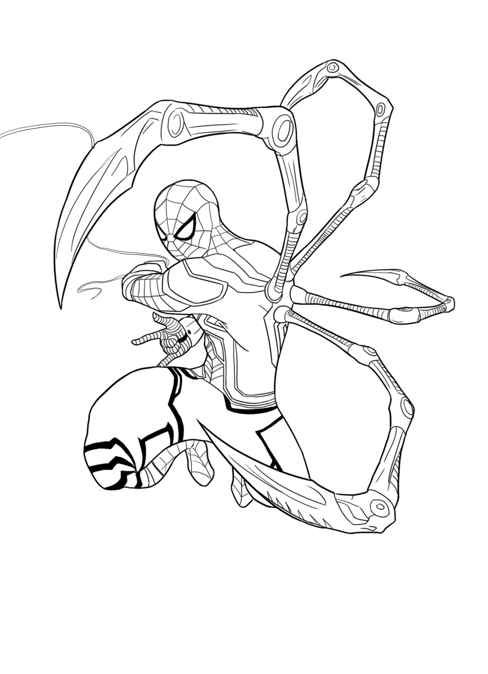 De mechanische benen van Iron Spider-Man zijn duidelijk te zien.