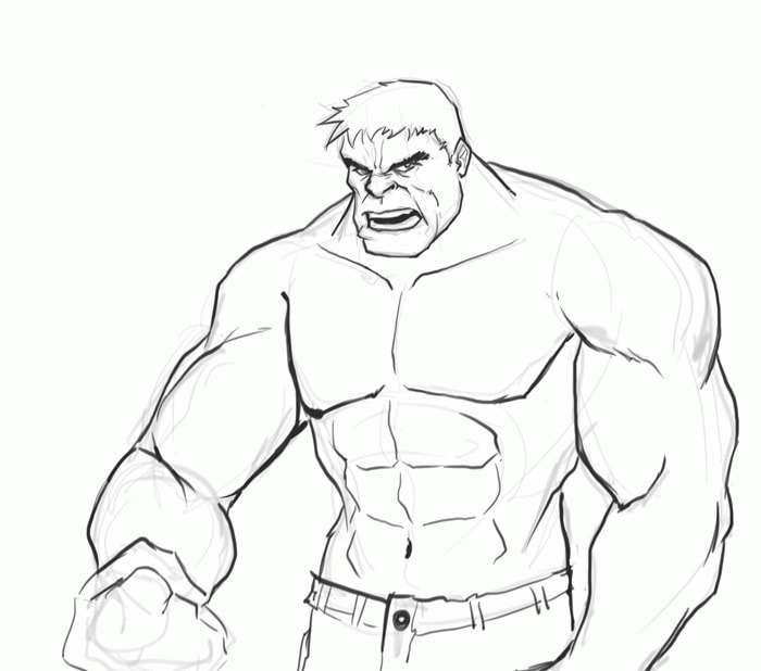 Potloodtekening met Hulk, die gemakkelijk ingekleurd kan worden