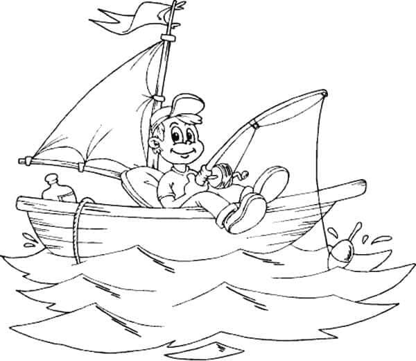 De Jongen Vangt Een Vis Vanuit Zijn Boot