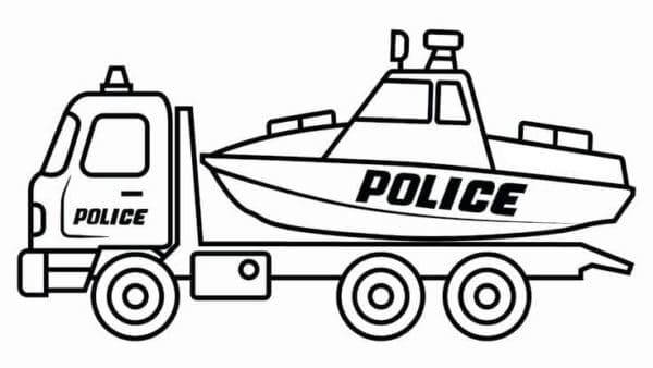 Een Politie-Sleepwagen Leidt Een Politieboot Het Water in