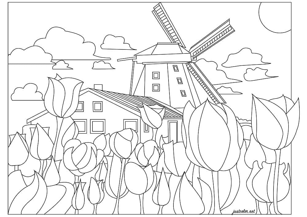 Windmolens en Tulpen in Nederland