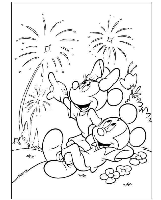 Mickey en Minnie kijken naar het vuurwerk