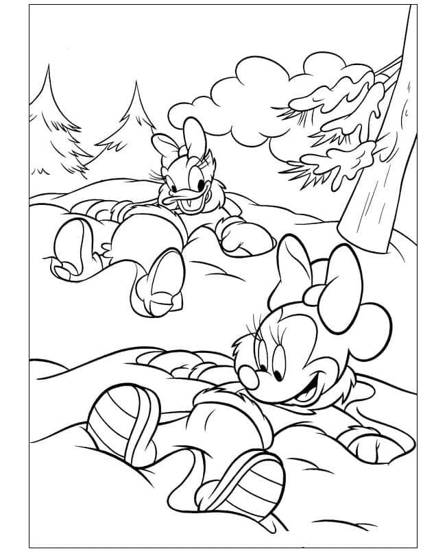 Minnie en Daisy vechten in de sneeuw