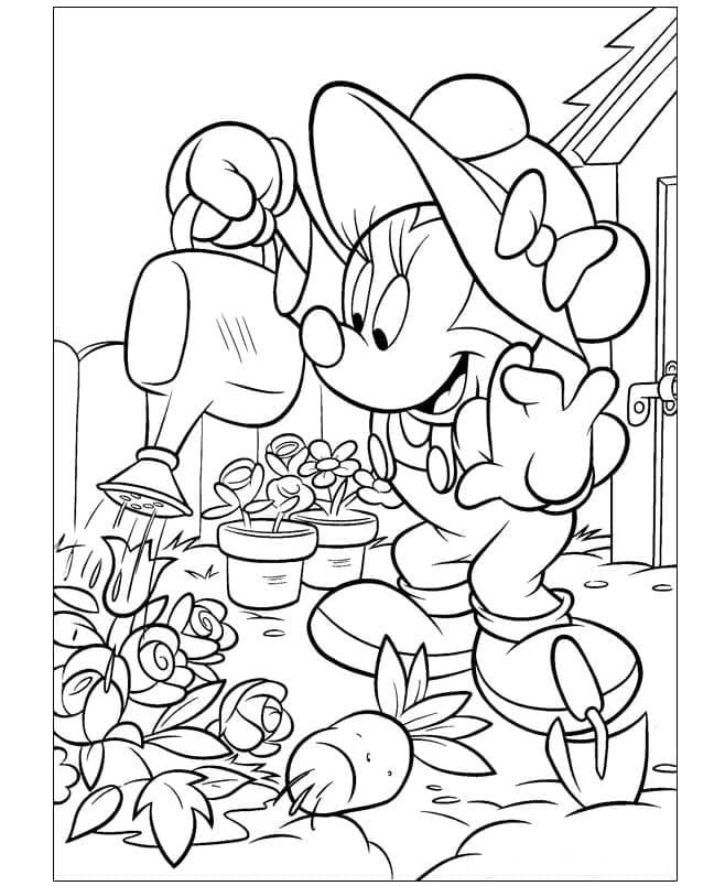 Minnie geeft de bloemen water