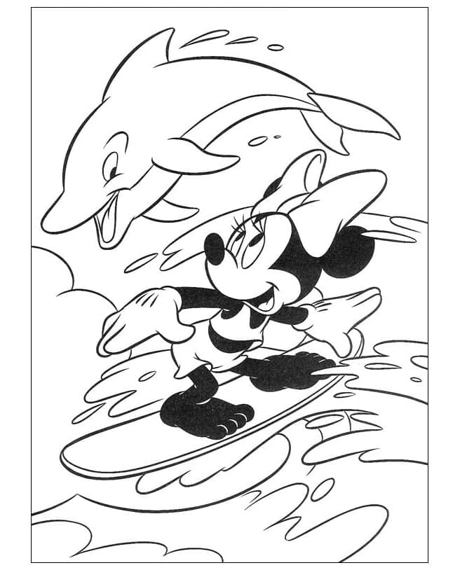 Minnie mouse surft met een dolfijn