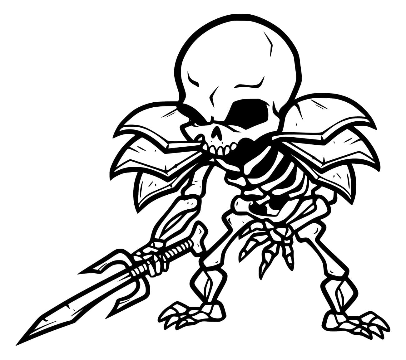 Skeletkrijger houdt een zwaard vast