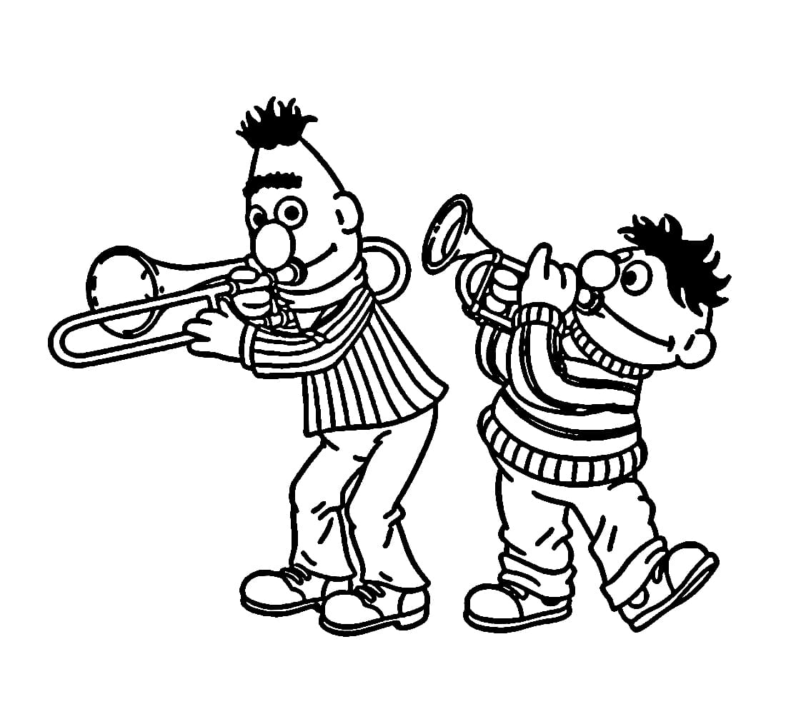 Bert en Ernie blazen op de trompet