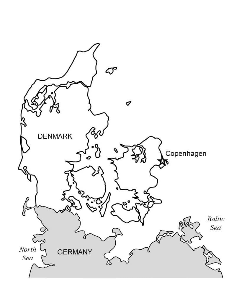 Kaart van Denemarken grenzend aan Duitsland