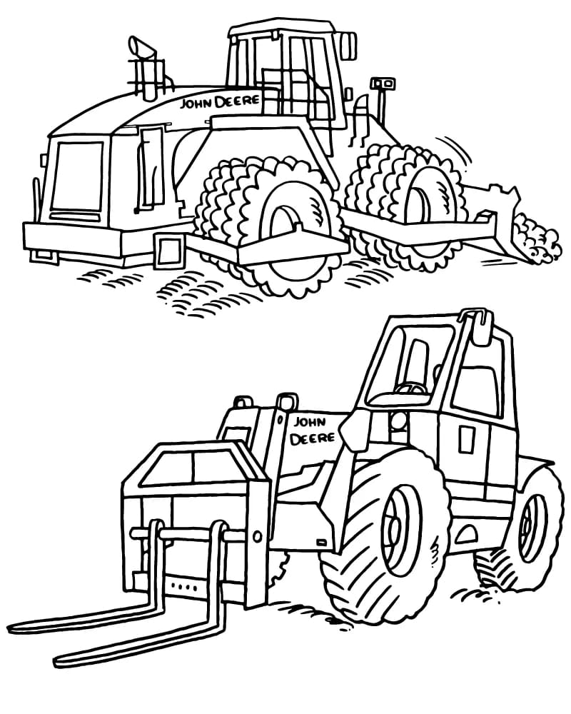 John Deere bulldozers en vorkheftrucks