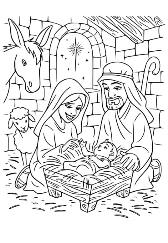 Tekenen Kerststal gratis afdrukbaar eenvoudig