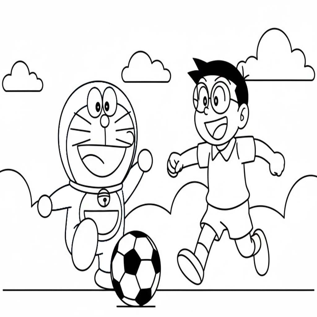 Doraemon en Nobita spelen Voetbal